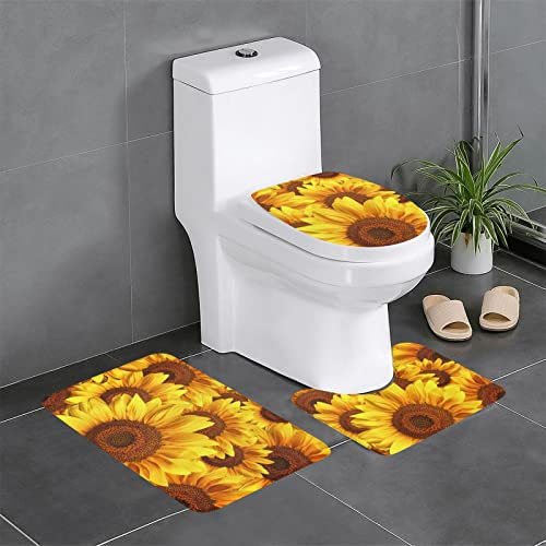 TRESILA 3-teiliges Badematten-Set, rutschfest, Badezimmermatte, WC-Vorleger, Teppich, Flanell, Bodenmatte, Druck, Türmatten, gelbe Sonnenblume