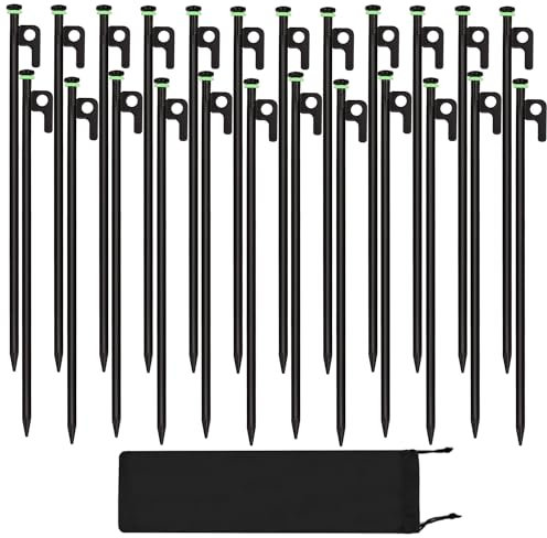 Zeltheringe, 40,6 cm, robuste Zeltheringe mit Aufbewahrungstasche, Durchmesser 0,9 cm, geschmiedete Stahlpfähle für Zelte auf Felsen, Grasland, Schneefeld (24 Stück 40,6 cm Heringe)