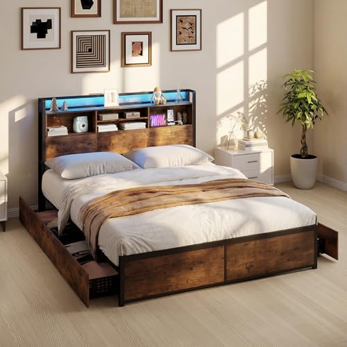 COSTWAY Letto Matrimoniale 160x200 cm, con Luci LED, 4 Cassetti e Prese | Struttura Letto a Piattaforma con Doghe Robuste in Metallo, Silenzioso, Carico Massimo 300kg