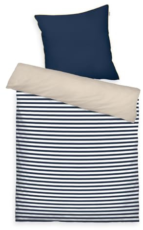 TOM TAILOR Perkal-Bettwäsche, 80x80 cm + 155x220 cm, Blau, Beige (Dark Navy & Sunny Sand)