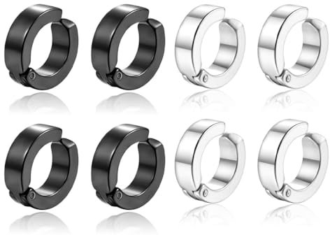 4 Paare Piercing Clip Ohrringe,Edelstahl Ohrringe Herren,Non Piercing Ohrringe Set Schwarz Silberton,Creolen Edelstahl ohne Loch Fake Ohrstecker Ohrclips Klappcreolen für Männer Frauen,Silber Schwarz