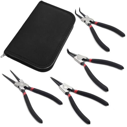 4 Pack 7 Snap Ring Pliers Set with Storage Pouch,Heavy Duty Internal/External Circlip Pliers Kit with Straight/Bent Jaw,Spring Loaded Pliers for Ring Remover Retaining