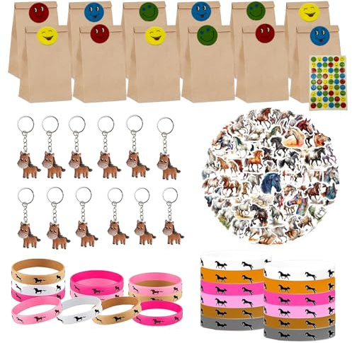 96pcs Pferde Party Mitgebsel Kindergeburtstag,West Cowboy Party Deko,12 Pferde Silikon Armbänder, 12 Geschenktüte,12 Pferde Schlüsselanhänger, 60 Pferde Aufkleber für Junge Mädchen