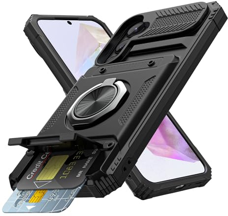 Coolden for Samsung A35 5G Phone Case with Card Holder [Max 2 Cards] Ring Kickstand Shockproof Military Grade Heavy Duty Protective Case Wallet Case Cover for Samsung Galaxy A35 5G Phone Case-Black