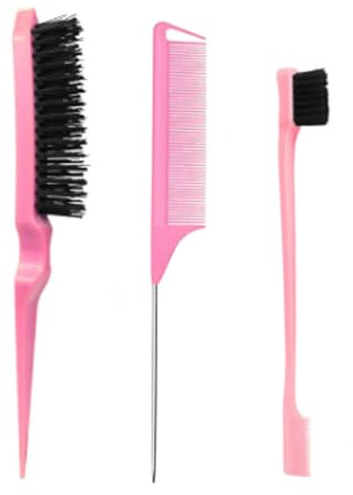 Xiangwenlan Pink Hair Brush Set - 3 Pcs, Slick Back, Rat Tail, Teasing Comb for Kids and Baby Hair Smoothing