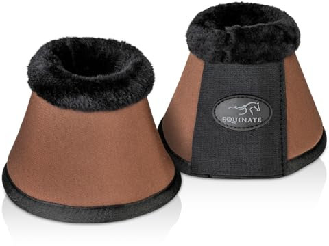 Equinate Hufglocken Furlyn mit synthetischem Lammfell S Braun - Robuste und stoßdämpfende Neopren Springglocken - Hufschutz für Training und Turniere - 2er Set