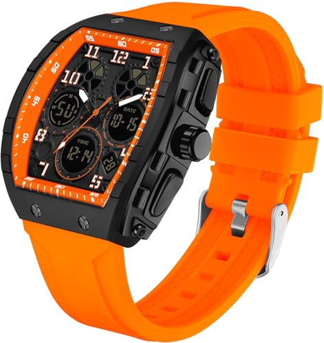 findtime Orologio rettangolare da uomo, design alla moda, creativo, digitale, analogico, al quarzo, con timer doppio, cronometro 5 ATM, impermeabile, bianco, Colore: arancione., cinghia