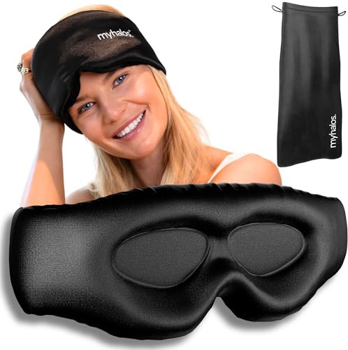 MyHalos® 3D Mulberry Silk Sleep Mask for Women & Men with Cups, Blackout - Silk Eye Masks for Sleep Anywhere, Travel, Night, Face, Side - Eye Cover, Sleeping Mask, Eyemask, Sleepmask, Black