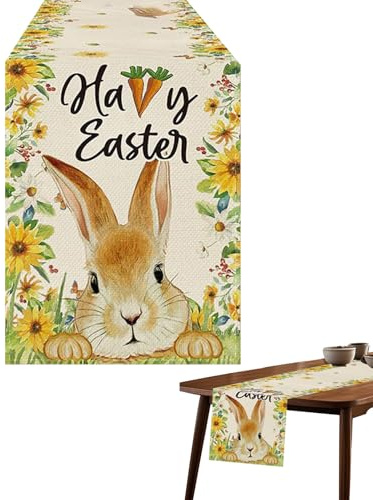 Blume Hase Ostern Tischläufer, Tischläufer mit Osterhase, Tischläufer Frühling, Tischläufer Herbst, Prächtiger Tischläufer mit Blumen- und Frühlingsmotiven - Ideal für eine festliche Atmosphäre