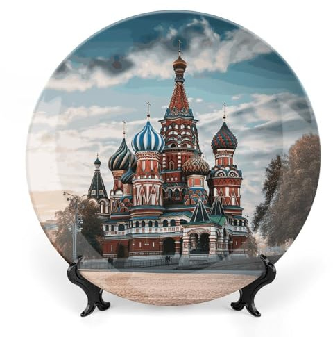 LYHVSFJW Assiette décorative carrée rouge de la cathédrale Saint-Basile à Moscou - Assiettes décoratives en céramique de 15,2 cm avec support - Ornements en céramique pour décoration murale