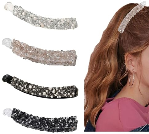 SHYSBV 4 Stück Bananenspange Strass Perlen Banane Haarspangen Vintage Fischschwanz Haarspange rutschfeste Pferdeschwanz Halter Clip für Damen für dickes und feines Haar