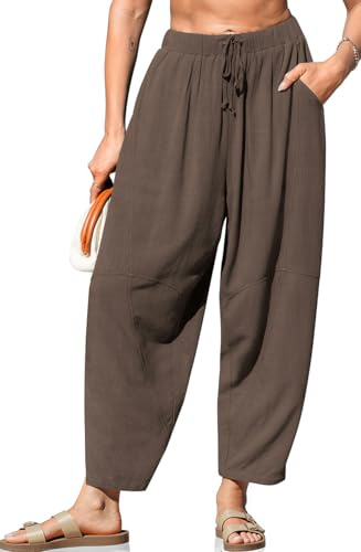 TARSE Women's Linen Harem Pants Casual Loose Fit Wide Leg Cropped Lightweight Drawstring Elastic Waist Pants with Pockets(Coffee,XL)
