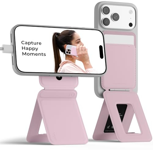 MOFT Trípode para Smartphone, Cartera 3 en 1 y Soporte Ajustable para Teléfono Móvil Soporte Magnético para Tarjetas Mini Trípode, Compatible con NFC, Piel Vegana MOVAS, Rubor