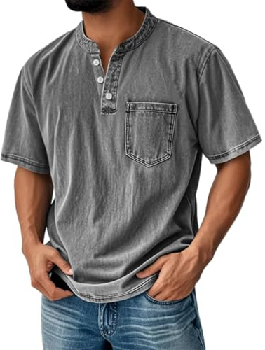 Mokaloha Herrskjorta, tvättad, sliten vintage ståkrage skjorta med avslappnad ficka och enfärgade kortärmade Henley-skjortor, grå, 3XL