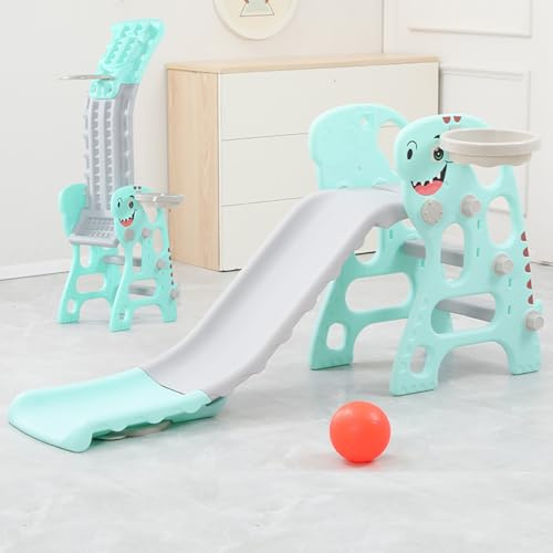 WDW 2-in-1 Foldable Children's Slide and Basketball Stand, Indoor/Outdoor Play Set, Pink and Green (Green)