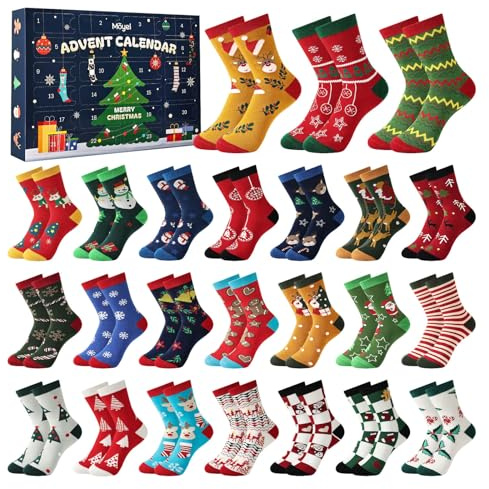 Moyel Adventskalender Socken Damen 2026 24 Paar WeihnachtssockenFrauen | 24 verschiedene Weihnachtsmotive sorgen jeden Tag für eine neue Überraschung und machen die Adventszeit noch festlicher