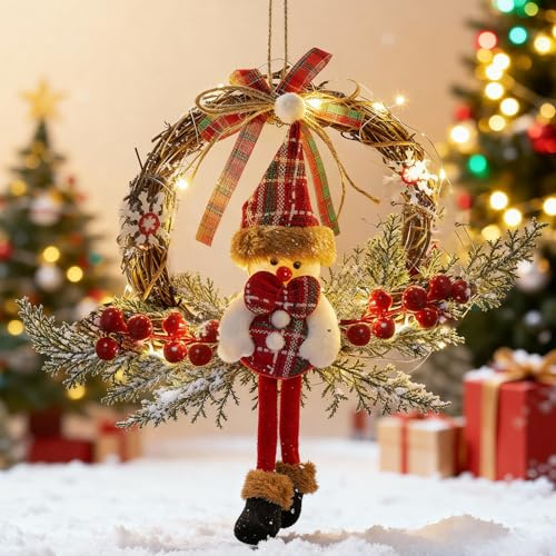 Türkranz Weihnachten, 35cm Weihnachtskranz Haustür, Led Weihnachtskranz Schneemann Rattan Kranz, Weihnachtsdeko Tür, Weihnachtstürkranz für Haustür Außen, Fenster, Wand Hängende Deko