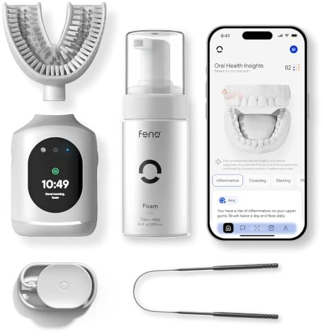 Feno Smartbrush Founders Edition Plus - Cepillo de dientes eléctrico alimentado por IA con boquilla personalizada, pasta de dientes de espuma (3 tubos), raspador de lengua y suscripción de 12 meses