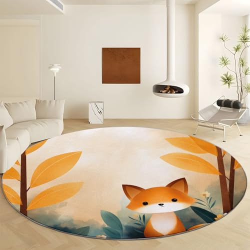 Hellorange Weich Kurzflor Rund Teppich 120 cm, Rutschfester Wurfteppich mit Niedlich Cartoon Fuchs Muster – Pflegeleicht für Büro und Esszimmer