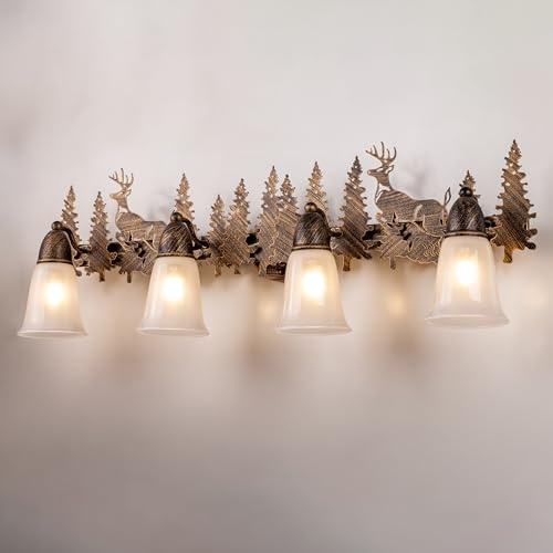 TOCHIC Rustic Bathroom Light Fixtures Over Mirror, 4 Lights Farmhouse Log Cabin Vanity Lights for Bathroom, Western Deer Sconces Bath Vanity Wall Lighting for Mirror Cabinet, Powder Room, 36 L