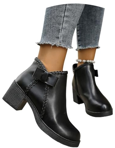 MEECHI Stivaletti Eleganti da Donna con Fiocco Stivaletti Chelsea con Tacco A Blocco Stivali Corti retrò con Punta Tonda Tacchi Alti in Pelle PU Scarpe alla Caviglia Casual con Cerniera(37 EU)