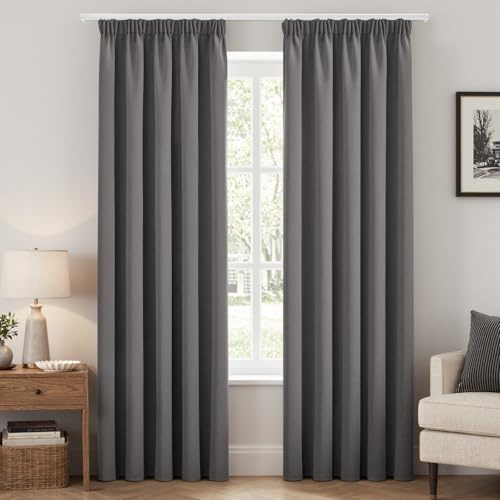EMEMA Mörkläggningsgardiner med veckband grå ogenomskinliga gardiner 225 cm lång termisk gardin, set om 2, mörkläggning för skenor, gardiner för vardagsrum, sovrum, varje H 225 x B 140 cm