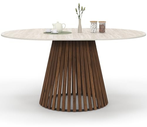 IDMarket - Table à Manger Extensible Ronde Carmen 110-150cm Noyer travertin | Avec pied noyer en lattes et plateau effet travertin, capacité 4-8 personnes