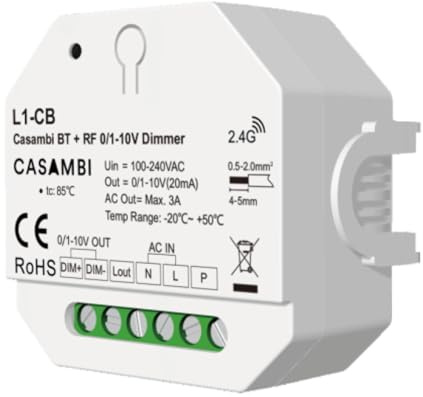 Led Dimmer Bluetooth Casambi 0-10V 1-10V, RF 2.4GHz e Pulsante NO, Push Dim, Relè AC Integrato 3A, Input AC220V, per Driver LED Dimmerabili 0/1-10V, Compatto da Scatola Incasso o Derivazione