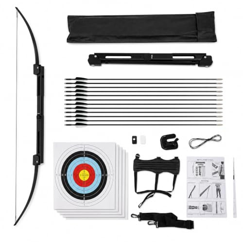 RUETERY Bogenset 40 lbs, klappbarer Sportbogen 138 cm für Rechtshänder, Pfeil und Bogen Set mit 12 Fiberglaspfeilen, 5 Zielblättern, Armschutz, Fingertab und Aufbewahrungstasche