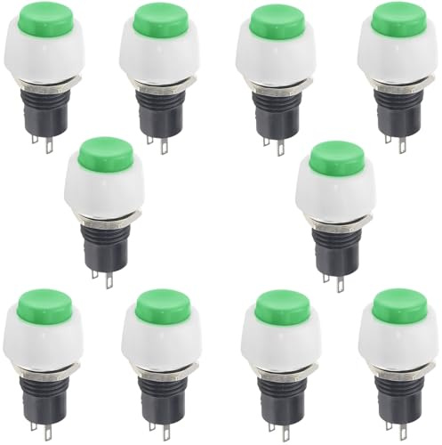 Oiyagai 10 Pezzi Interruttore a Pulsante DS-450 Verde 10mm Auto-Bloccante SPST 250V 2A