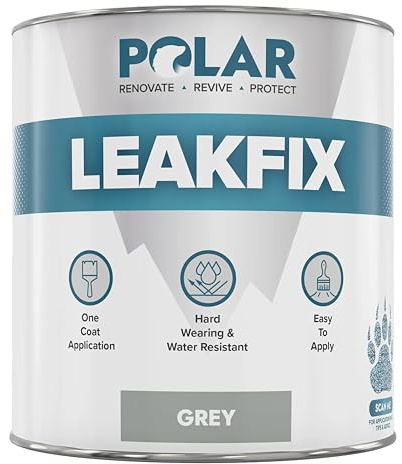 Polar Leak Seal Waterproof Roof Paint, 1L, Grey, One Coat | One-Coat Waterproof Roof Sealant, Leak and Crack Repair, Roofs, Gutters and Drainpipes, UV Resistant, No Primer Needed