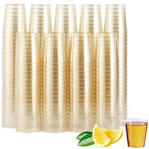MATANA 200 Double Shot Glasses (60ml) - Clear Hard Plastic with Gold Glitter - Reusable Jello & Tequila Shots, Dessert Pots, Sample Tasting Cups for Birthdays, Weddings, BBQs, Parties