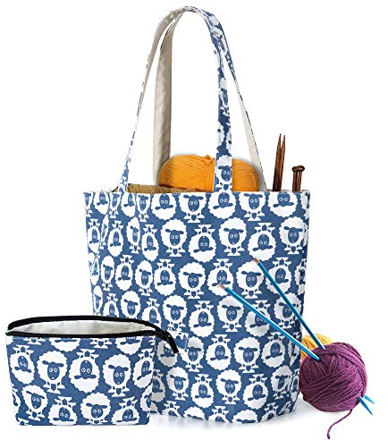 Tragetasche für Wolle, Stricktasche für Unterwegs, Handarbeitstasche, Schaf | Mit 3 Innentaschen, 2 Langen Schlitzen für Nadeln, Karabiner, Rücktasche und Extra Reißverschlussbeutel für Strickzubehör