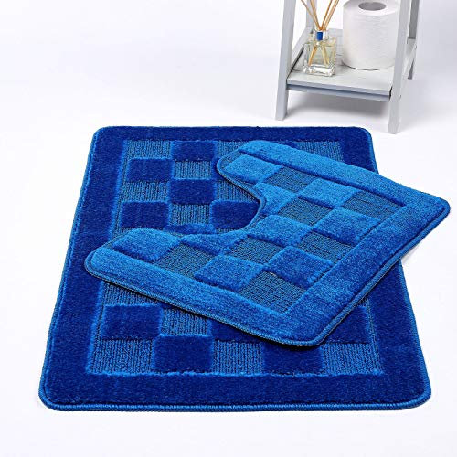 NIGHTZONE Squares 2 Piece Bath Mat & Pedestal Set Non Slip Extra Absorbent Bathroom Toilet Rug Bath Mats Set (Royal Blue)