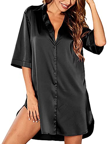 Women's Nightgown Nightwear Button Down Sleepshirt Satin 3/4 Sleeve Nightshirt Boyfriend Notch Collar Tops Shirts Dress Sleepwear