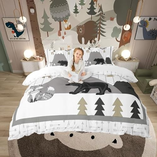 Cute Animals Duvet Cover Cartoon Fox Bear Bedding Set Mountains and Trees Comforter Cover for Boys Girls Kids Room Decor Kids Cartoon Bedspread Cover Twin Size with 1 Pillow Case(No Comforter)