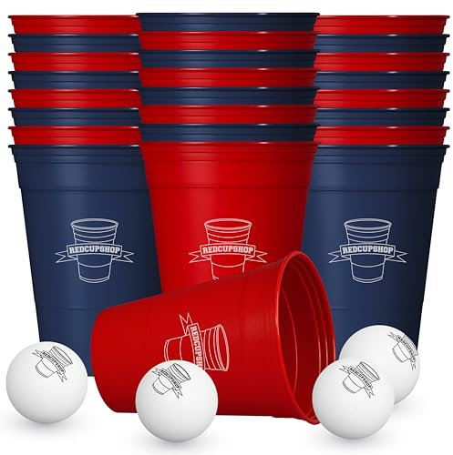 RedCupShop® Beer Pong Set Hartplastik | 24 Mehrweg Becher (Rot & Blau) + 6 Bälle | Spülmaschinenfest & BPA-frei | Made in Germany