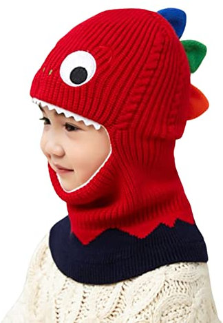 Kapuzenschal Kinder Schalmütze, Baby Jungen Mädchen Mütze Schal Set Winter Niedlich Dinosaurier Beanie Strickmütze Kleinkind Schlupfmütze Gesichtswärmer für Fahrrad Skilaufen für Baby 1-5 Jahre,Rot