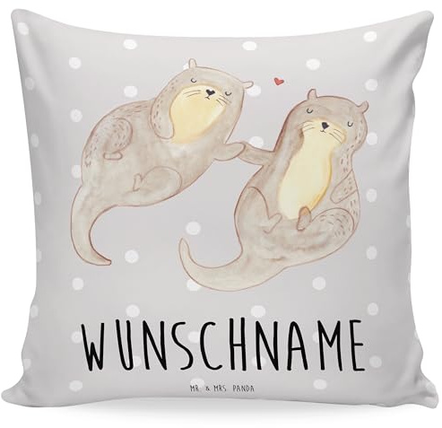 Mr. & Mrs. Panda Personalisiertes Kissen Otter Hände halten - Personalisierte Geschenke, Romantisch, Liebe, Kopfkissen, Namenskissen, Händchen, Kuschelkissen Mit Namen, personalisiert, Seeotter, Paar