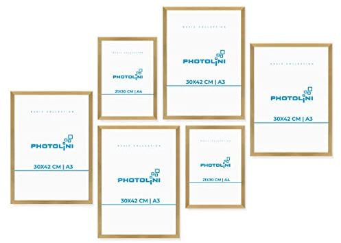 PHOTOLINI goldene Bilderrahmen Set verschiedene Größen, 6 Bilderrahmen Holz MDF gold, Bilder Rahmen mit Acrylglas, No.8 Bilderrahmenset zum Aufhängen, Fotorahmen Set mit Zubehör für Fotos & Poster