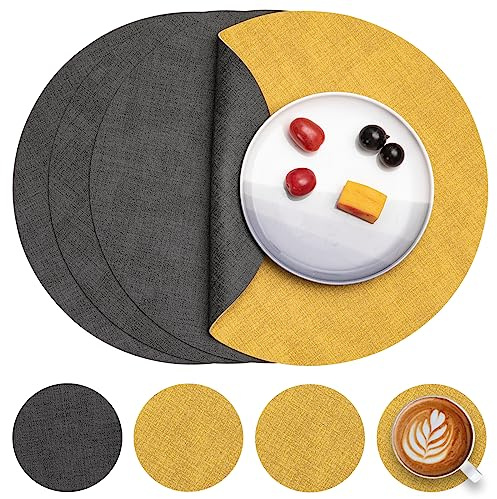 Myir JUN Manteles Individuales Redondos y Posavasos de Cuero Juego de 4 | Doble Cara Mantel Individual Salvamanteles Lavables Antideslizant Individuales Mesa (Gris Amarillo, Juego de 4)