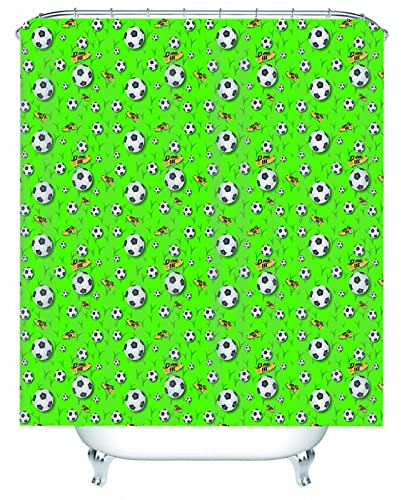Whoiy Duschvorhang Schwarz Textil, Duschrollo Um Die Ecke 165X200cm Polyester Bath Curtains Fußbälle und Schuhe Weiß Grün Waschbar Wasserdicht
