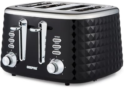 GEEPAS Argyle 4 Slice Toaster 7 Browning Levels Dual Control 1750W Black | 2 Removable Crumb Trays High Lift Cancel Defrost Reheat 2 Year Warranty