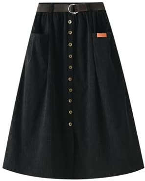Jemsia Jupe pour femme en corduroy, élastique, taille haute, boutonnée devant, ceinture, A-ligne, midi, longue jupe d'automne-hiver avec poches, Noir , taille unique