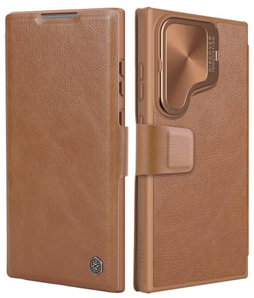 Nillkin Klappbar Hülle Kompatibel mit Samsung Galaxy S24 Ultra (6,8 Zoll), [Kameraschutz] Leder Wallet Handyhülle mit Magnetische Kameraabdeckung Kickstand, Anti-Spionage Schutzhülle, Braun
