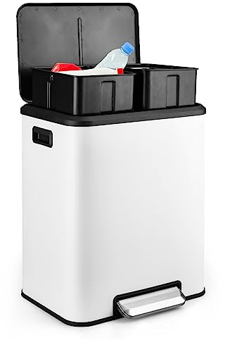 GAOMON Dual Bin Rectangular Trash Can, Stainless Steel Waste Bin with Lid, 30 Liters (2 X 15 L), Trash Can with Recycling Bin Combination, Soft Close and Airtight Lid - White