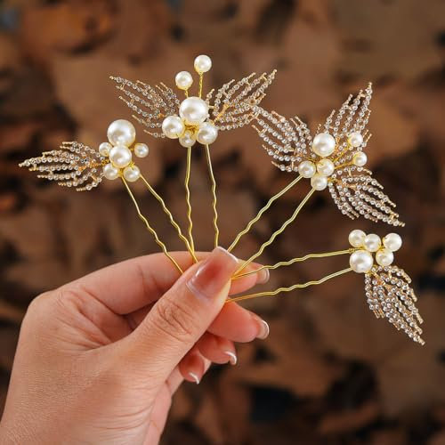 Zoestar Perlen-Braut-Hochzeits-Haarnadeln, goldene Strass-Braut-Kopfbedeckung, Blatt-Haarschmuck für Frauen und Mädchen (4 Stück)