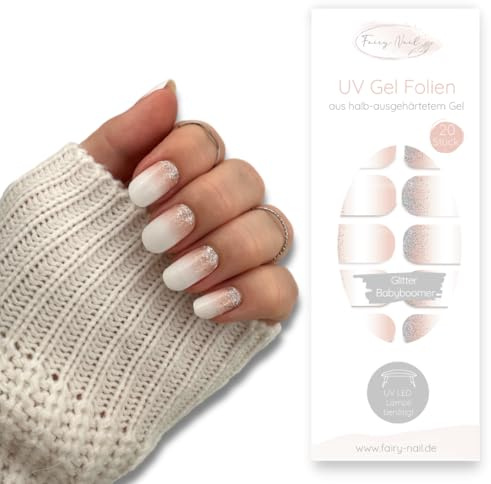 Fairy Nail UV Nagelfolien – Halb ausgehärtete Gelfolien für natürliche Gel Nails zuhause – Selbstklebende Nail Wraps mit UV Finish (20 Stück) (Glitter Babyboomer)