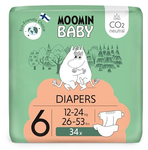 Moomin Baby Eco Nappies Size 6, 12-24 kg (26-53 lbs), 34 Diapers | Sensitive Premium, CO2 Neutral, Leakage Barrier, Soft and Skin Friendly, No Unnecessary Chemicals