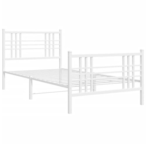 vidaXL Bettgestell, Bett mit Kopfteil Fußteil, Bettrahmen mit Lattenrost, Metallbett Einzelbett für Schlafzimmer, Metall Weiß 100x200cm